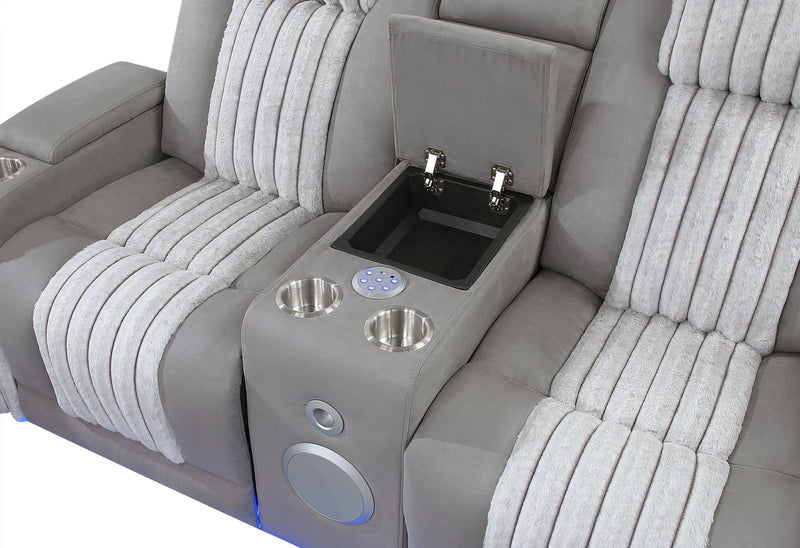 U8000 - 3 Piece Living Room Set (Power Console Reclining Loveseat With Power Headrest LED & Bluetooth Speaker, Power Reclining Sofa With Power Headrest DDT, Table Reading Light & LED/ Power Recliner With Power Headrest LED) - Gray