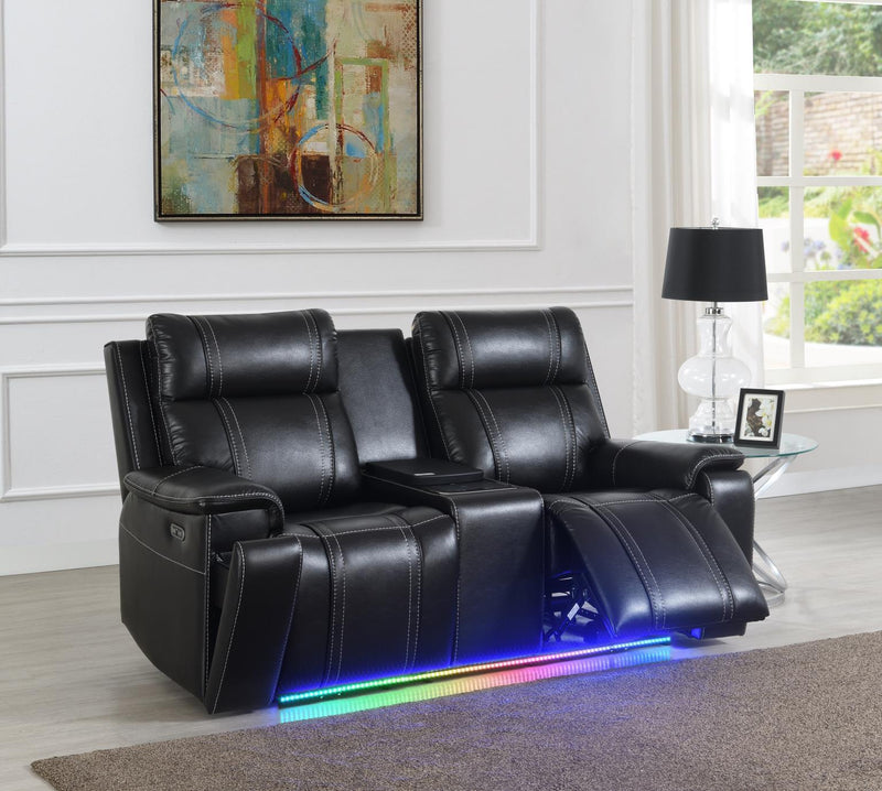 U68 - LED Power Reclining Loveseat With Console & Fridge,Wireless Charger, With Vibrator Arms - Black